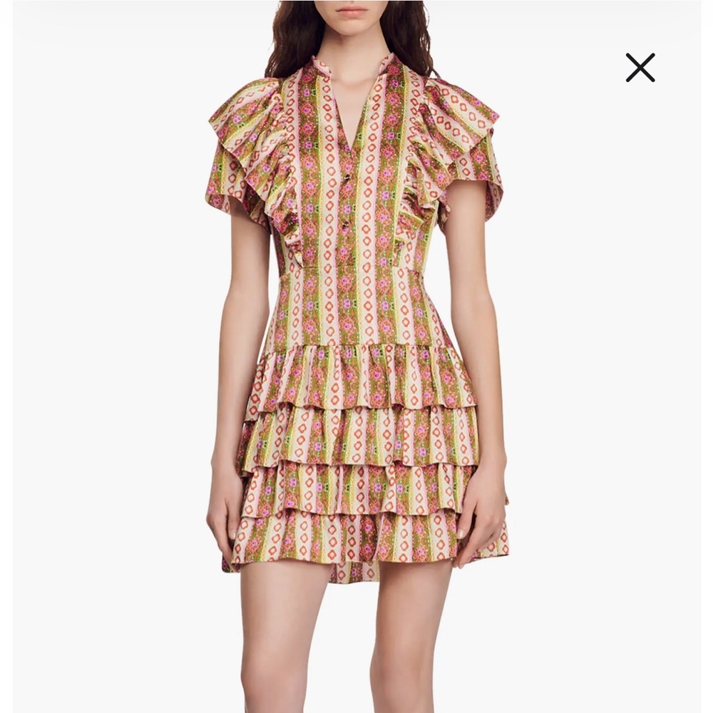Sandro Pink and Green Patterned Ruffle Mini Dress